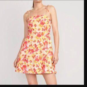 Old Navy Cami Dress Linen Yellow Pink Floral Print Slip Dress Size Large
